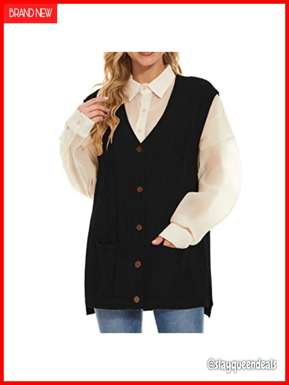 Women's Sleeveless Cable Knit Sweater Vest Button Cardigan with Pockets